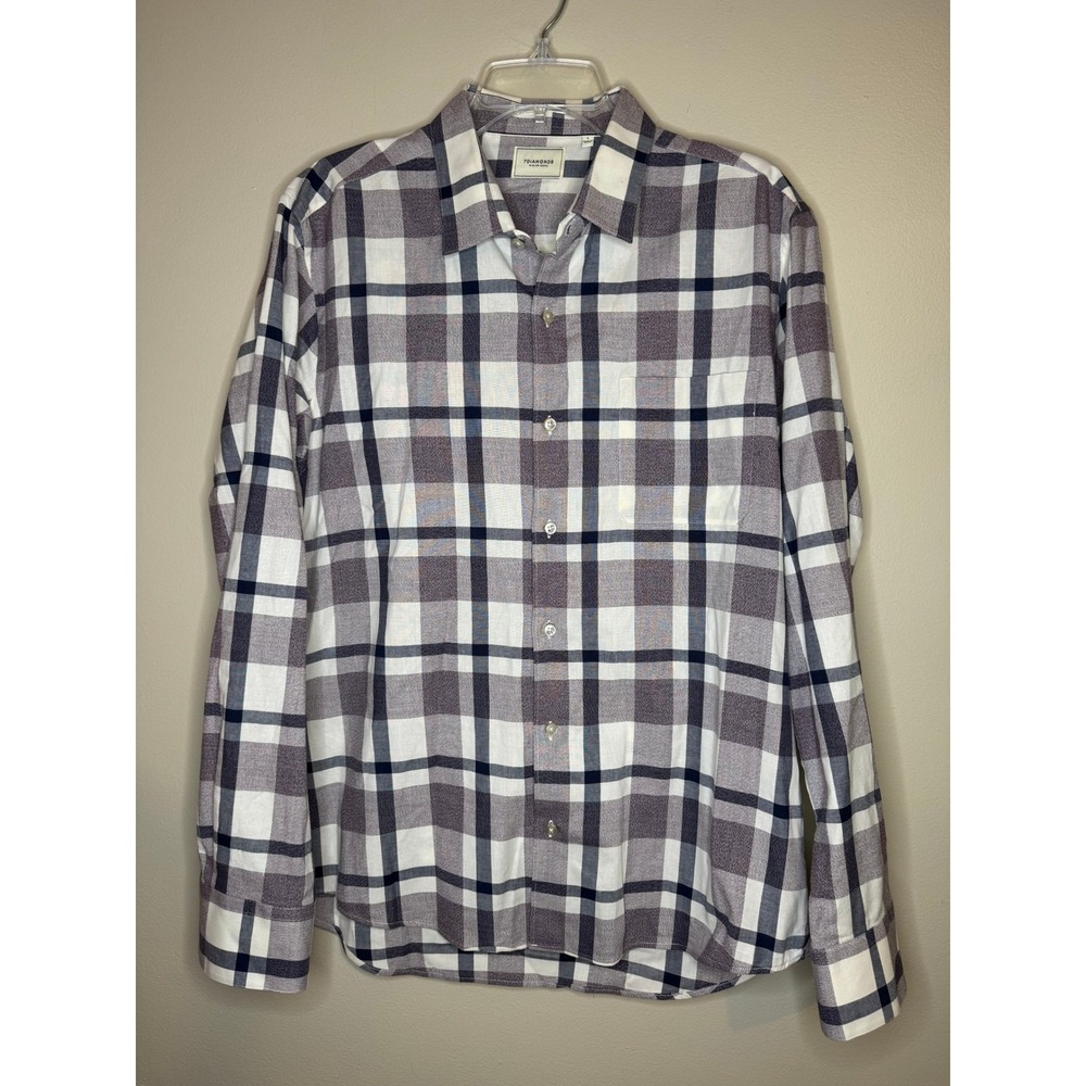 7 Diamonds Mens Large Plaid Button Down Shirt Purple Navy White 100% Cotton L